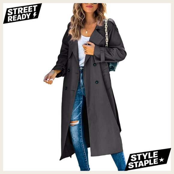 Double Breasted Long Trench Coat Classic Lapel Slim Fit Windproof Overcoat